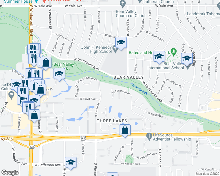 map of restaurants, bars, coffee shops, grocery stores, and more near 3180 South Pierce Street in Lakewood