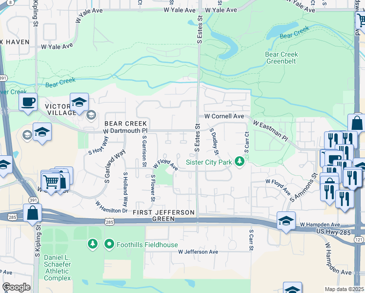 map of restaurants, bars, coffee shops, grocery stores, and more near 8964 West Dartmouth Place in Lakewood
