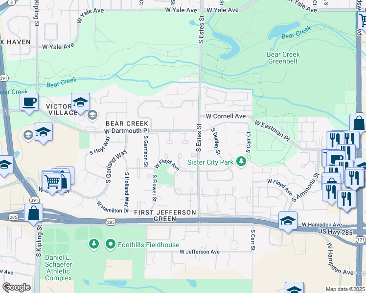 map of restaurants, bars, coffee shops, grocery stores, and more near 8964 West Dartmouth Place in Lakewood