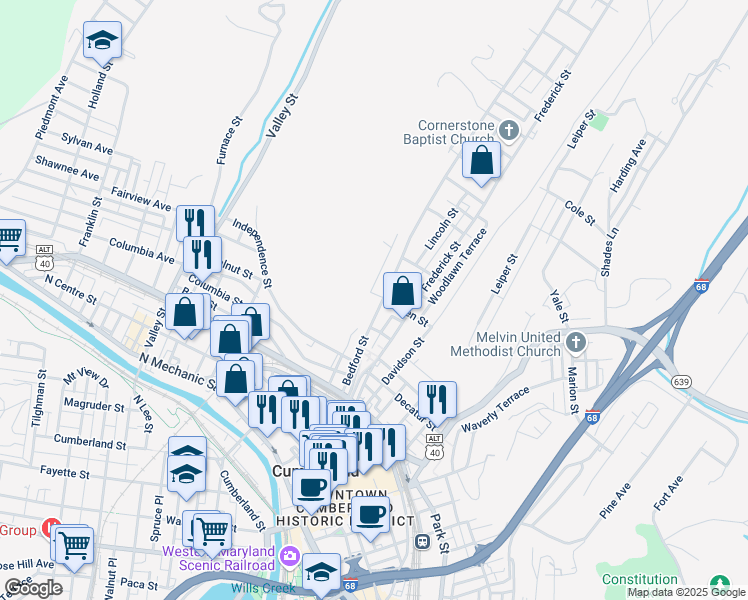 map of restaurants, bars, coffee shops, grocery stores, and more near 352 Bedford Street in Cumberland