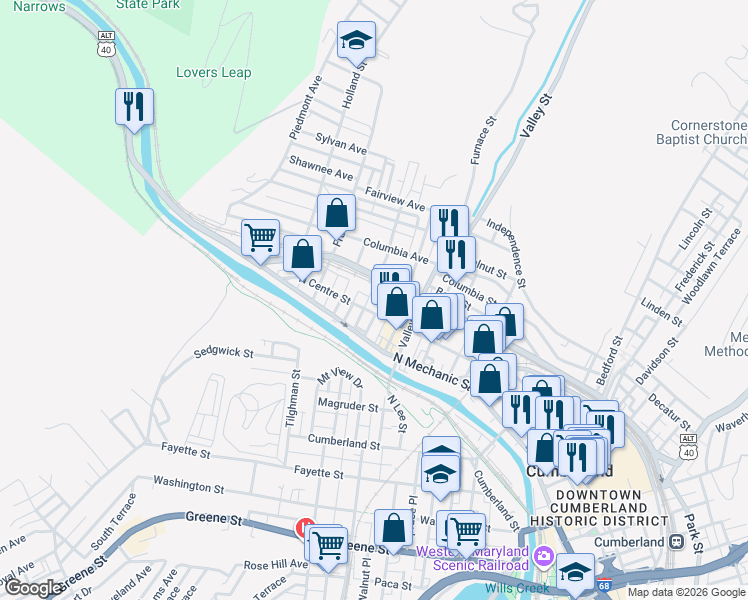map of restaurants, bars, coffee shops, grocery stores, and more near 549 North Centre Street in Cumberland