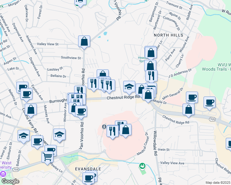 map of restaurants, bars, coffee shops, grocery stores, and more near 779 Chestnut Ridge Road in Morgantown