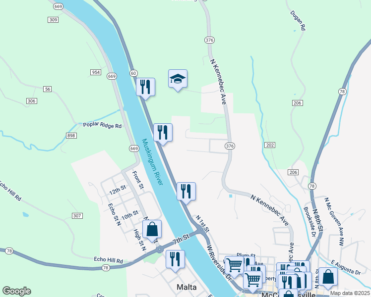 map of restaurants, bars, coffee shops, grocery stores, and more near 377 Oakwood Drive in McConnelsville