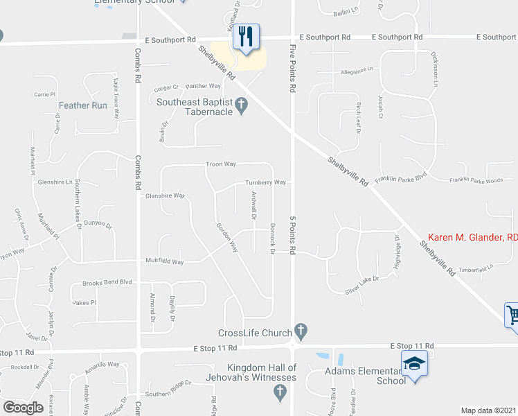 map of restaurants, bars, coffee shops, grocery stores, and more near 7530 Dornock Drive in Indianapolis