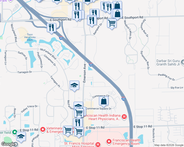 map of restaurants, bars, coffee shops, grocery stores, and more near Interstate 65 in Indianapolis