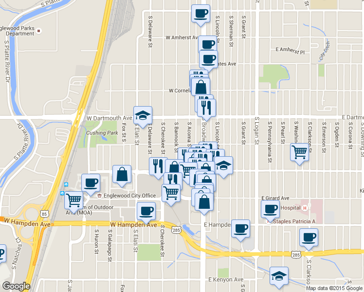 map of restaurants, bars, coffee shops, grocery stores, and more near 168 West Eastman Avenue in Englewood