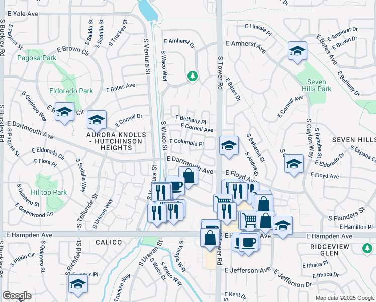 map of restaurants, bars, coffee shops, grocery stores, and more near 3063 South Yampa Way in Aurora