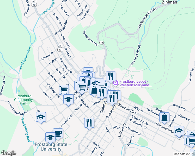 map of restaurants, bars, coffee shops, grocery stores, and more near 22 Welsh Street in Frostburg