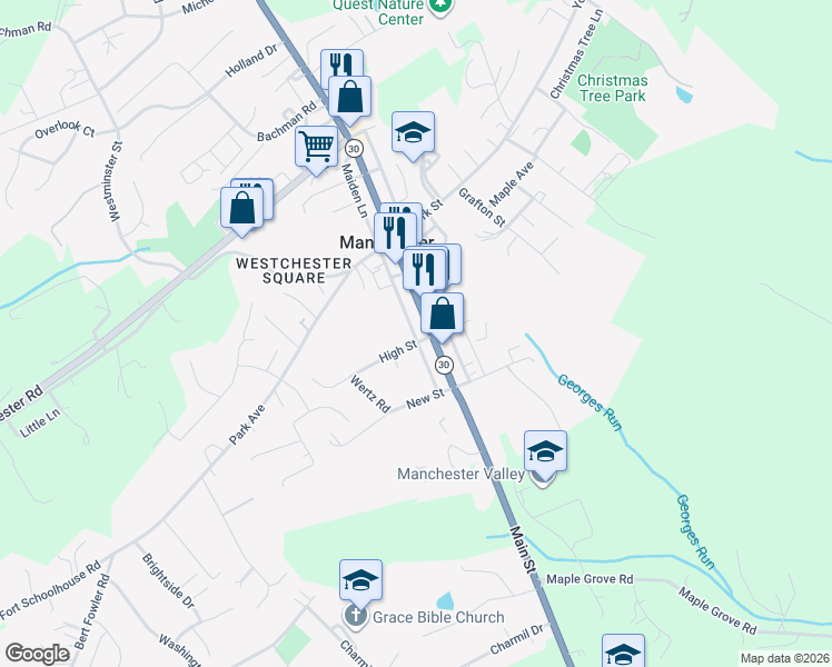 map of restaurants, bars, coffee shops, grocery stores, and more near 3066 Maiden Lane in Manchester