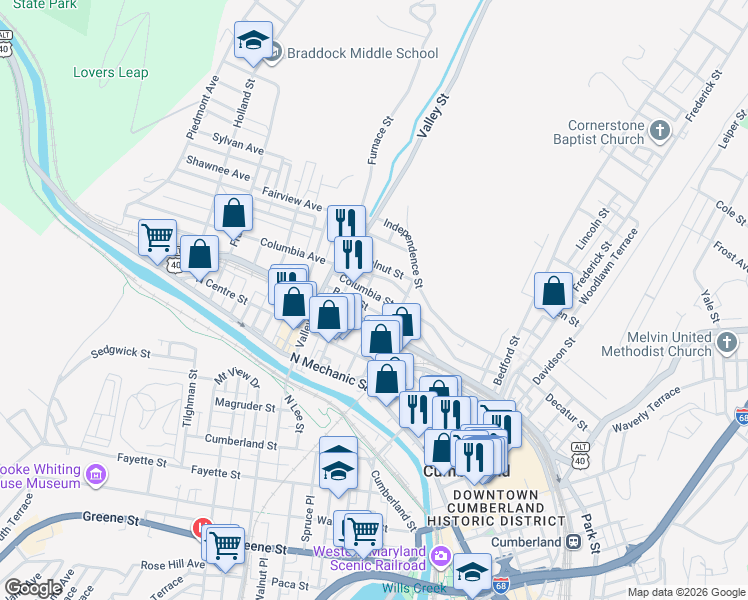map of restaurants, bars, coffee shops, grocery stores, and more near 416 Columbia Street in Cumberland