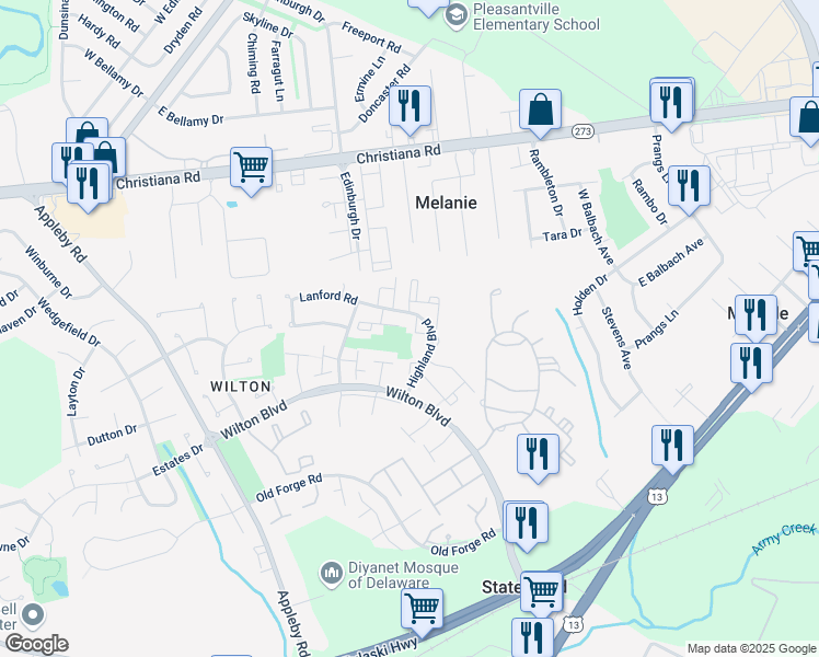map of restaurants, bars, coffee shops, grocery stores, and more near 114 Highland Boulevard in New Castle