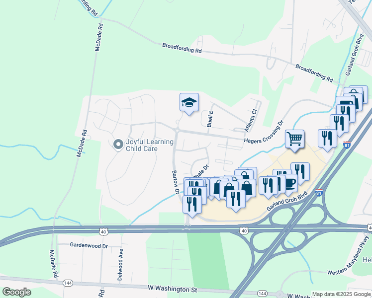map of restaurants, bars, coffee shops, grocery stores, and more near 17512 Patterson Drive in Hagerstown