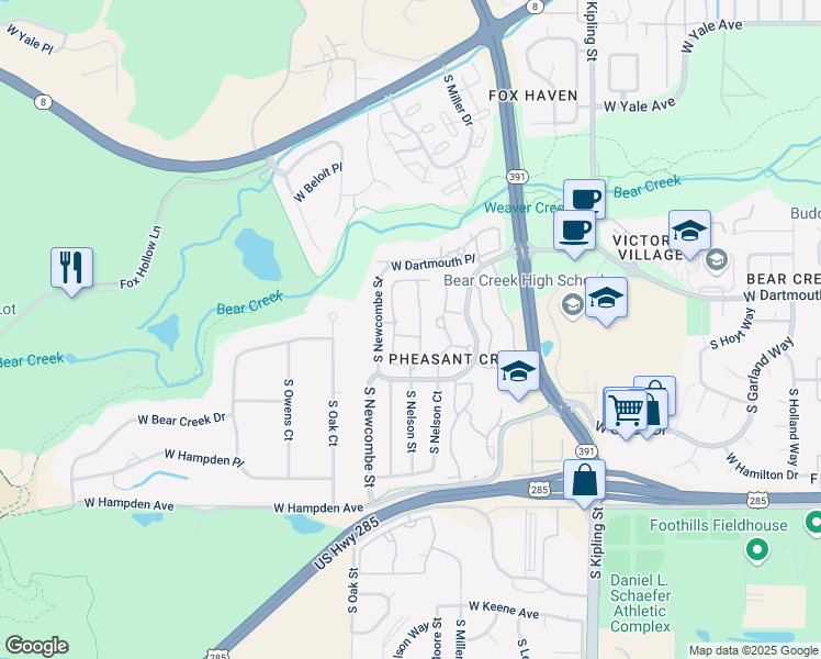 map of restaurants, bars, coffee shops, grocery stores, and more near 3256 South Newcombe Street in Lakewood