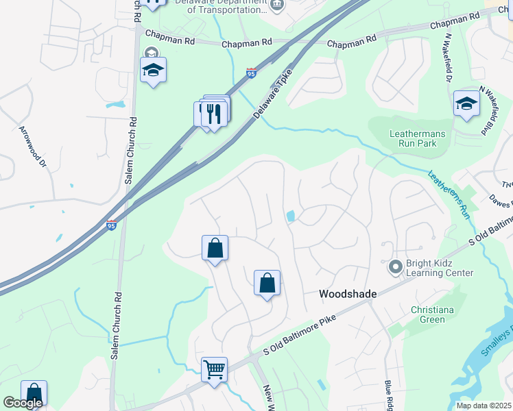 map of restaurants, bars, coffee shops, grocery stores, and more near 413 Post Oak Lane in Newark