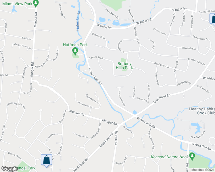 map of restaurants, bars, coffee shops, grocery stores, and more near 1549 West Alex Bell Road in Woodbourne-Hyde Park