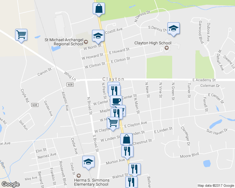 map of restaurants, bars, coffee shops, grocery stores, and more near 315 N delsea Dr in Clayton
