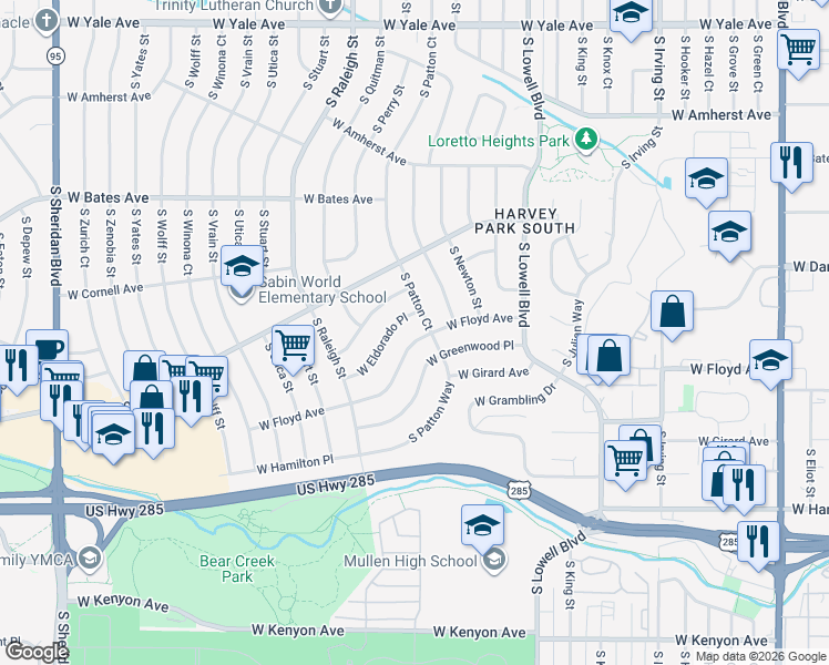 map of restaurants, bars, coffee shops, grocery stores, and more near 3955 West Floyd Avenue in Denver