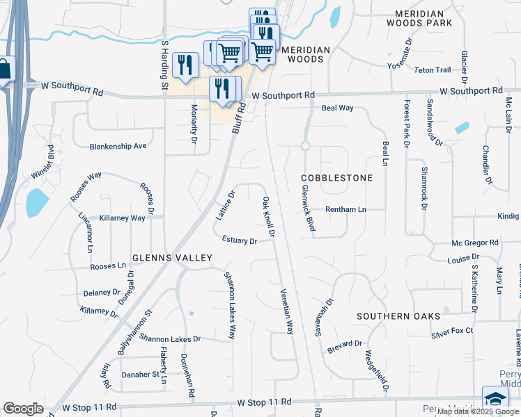 map of restaurants, bars, coffee shops, grocery stores, and more near 7340 Oak Knoll Drive in Indianapolis