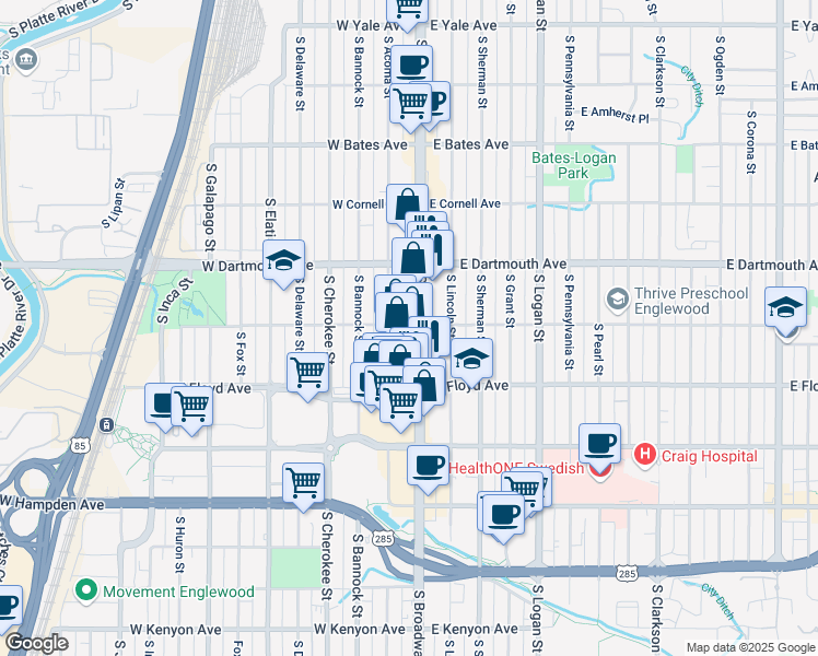map of restaurants, bars, coffee shops, grocery stores, and more near 321 West Eastman Avenue in Englewood