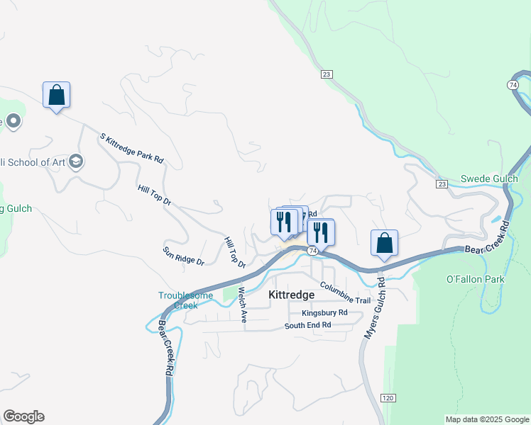 map of restaurants, bars, coffee shops, grocery stores, and more near 3147 Buttercup Lane in Evergreen
