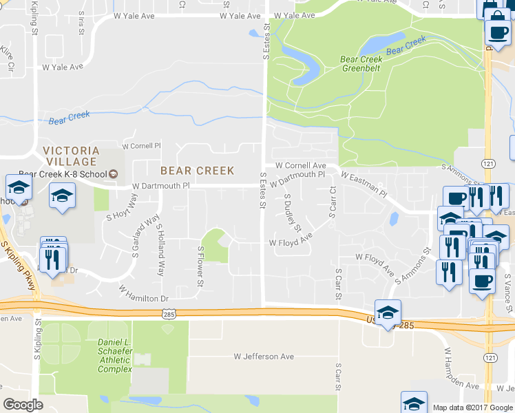 map of restaurants, bars, coffee shops, grocery stores, and more near 3151 South Estes Street in Lakewood