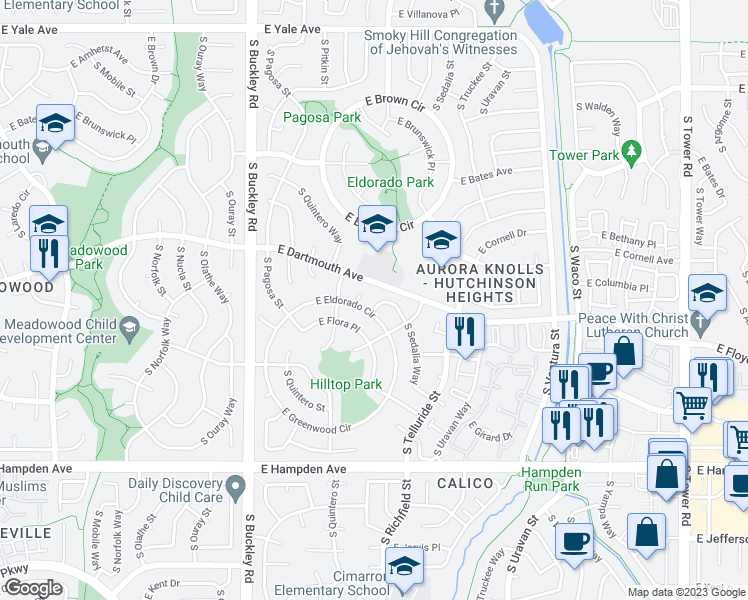 map of restaurants, bars, coffee shops, grocery stores, and more near 3159 South Sedalia Way in Aurora