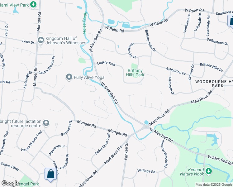 map of restaurants, bars, coffee shops, grocery stores, and more near 1549 West Alex Bell Road in Woodbourne-Hyde Park