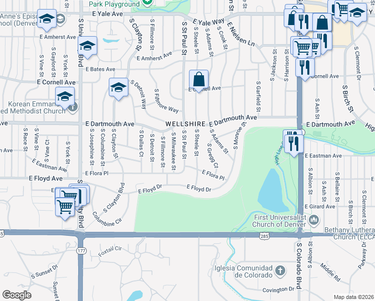 map of restaurants, bars, coffee shops, grocery stores, and more near 3206 South Saint Paul Street in Denver