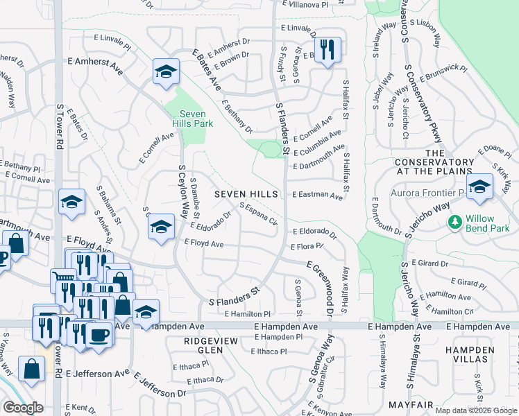 map of restaurants, bars, coffee shops, grocery stores, and more near 3234 South Espana Circle in Aurora