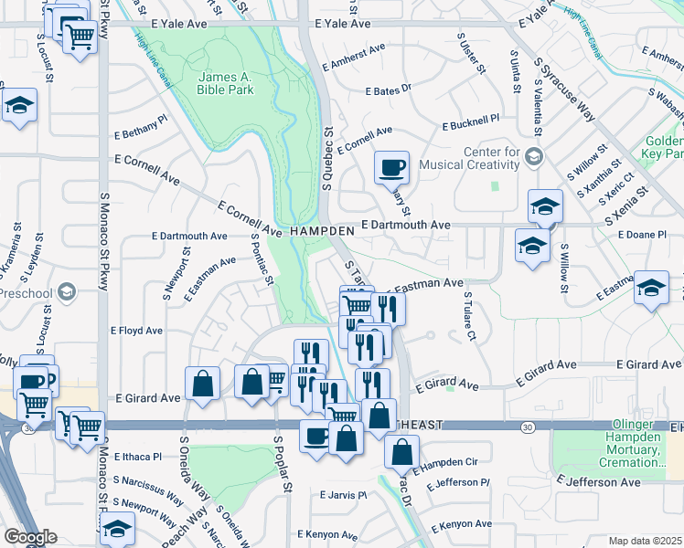 map of restaurants, bars, coffee shops, grocery stores, and more near 3141 South Tamarac Drive in Denver