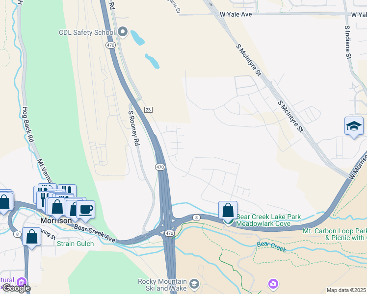 map of restaurants, bars, coffee shops, grocery stores, and more near 211 Bear Creek Road in Morrison