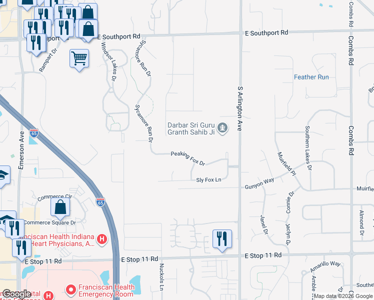 map of restaurants, bars, coffee shops, grocery stores, and more near 5726 Peaking Fox Drive in Indianapolis