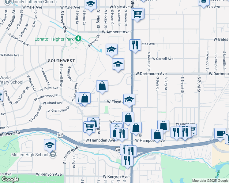 map of restaurants, bars, coffee shops, grocery stores, and more near 3131 South Federal Boulevard in Denver