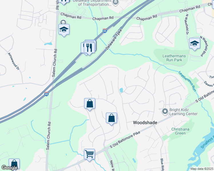 map of restaurants, bars, coffee shops, grocery stores, and more near 413 Post Oak Lane in Newark