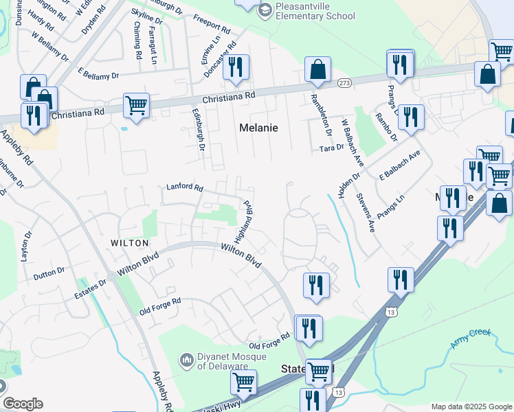 map of restaurants, bars, coffee shops, grocery stores, and more near 101 Highland Boulevard in New Castle