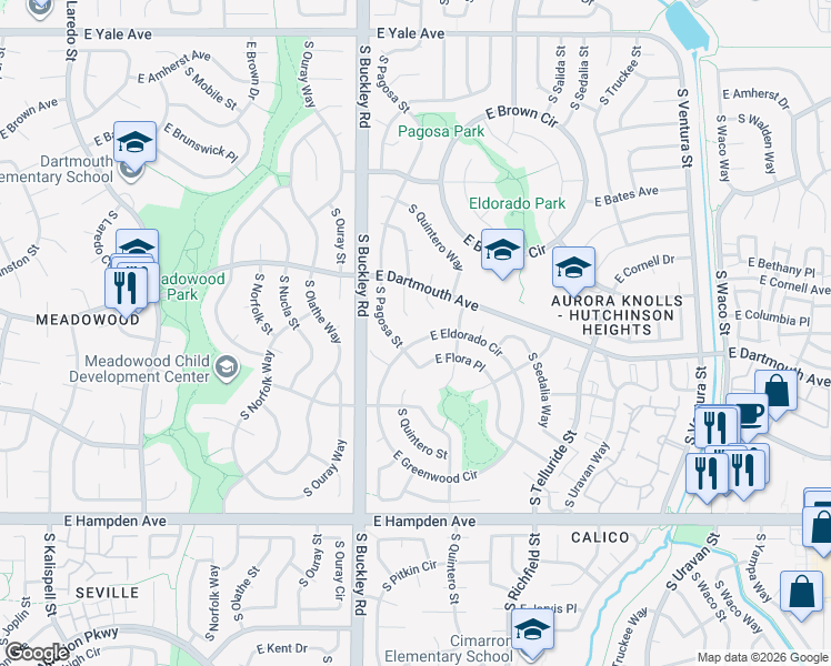 map of restaurants, bars, coffee shops, grocery stores, and more near 17103 East Eldorado Circle in Aurora