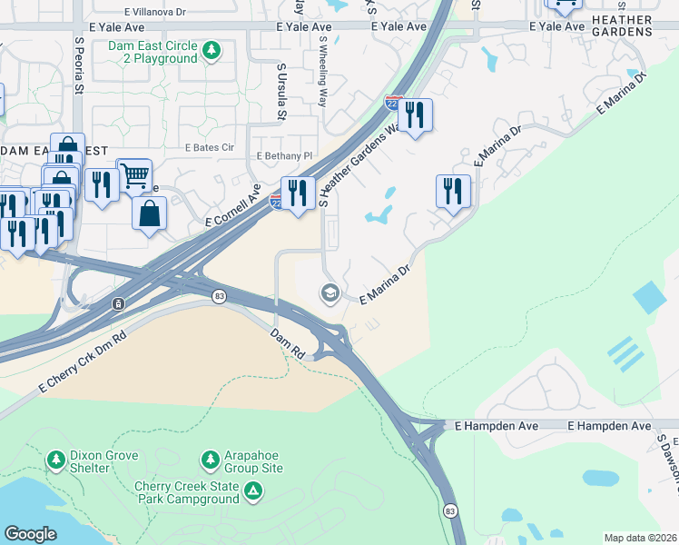 map of restaurants, bars, coffee shops, grocery stores, and more near 3206 South Heather Gardens Way in Aurora