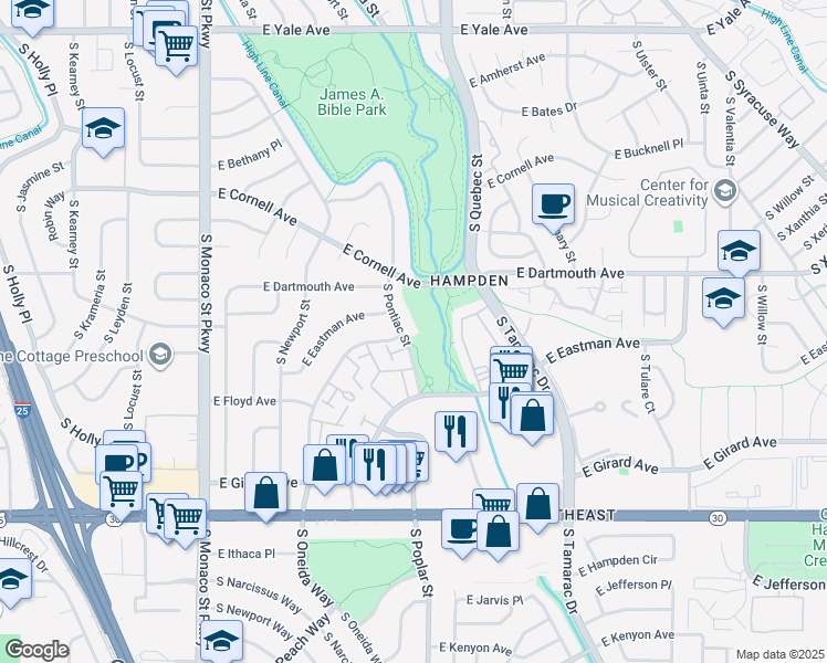 map of restaurants, bars, coffee shops, grocery stores, and more near 3215 South Pontiac Street in Denver
