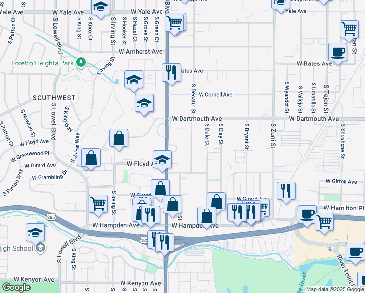 map of restaurants, bars, coffee shops, grocery stores, and more near 3195 South Decatur Street in Denver