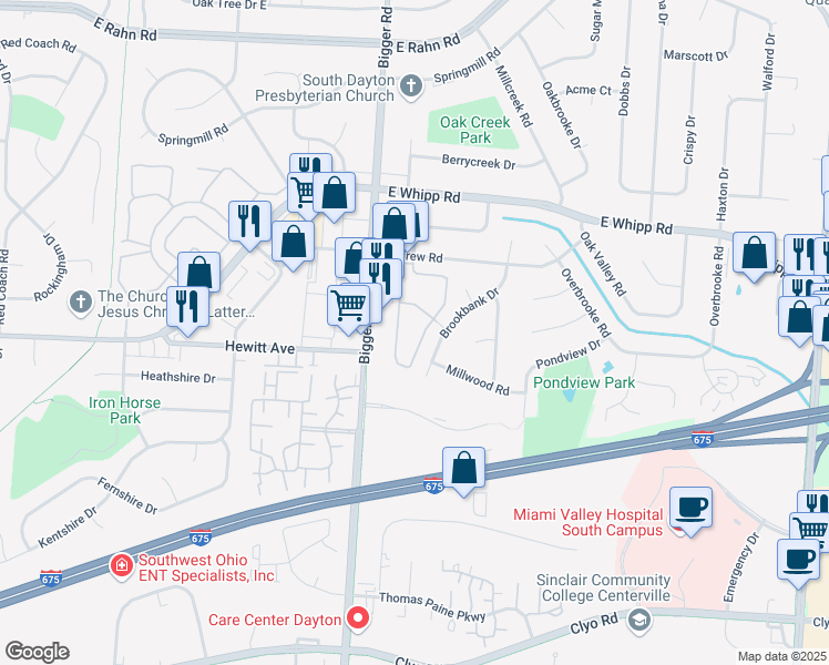 map of restaurants, bars, coffee shops, grocery stores, and more near 5745 Brookbank Drive in Dayton