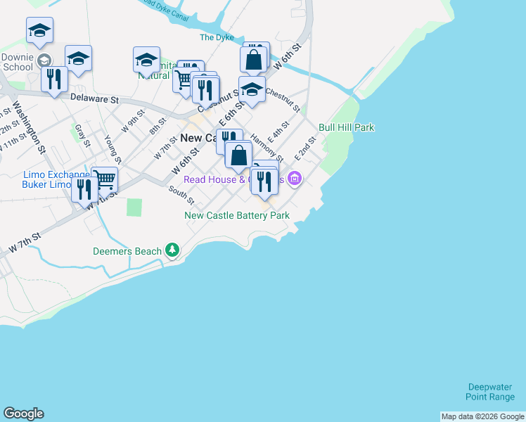 map of restaurants, bars, coffee shops, grocery stores, and more near 14 Dalby Court in New Castle