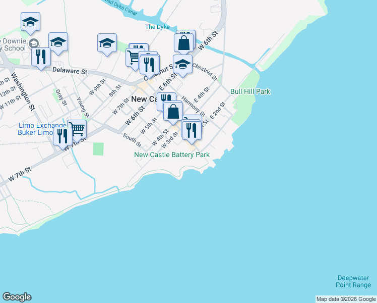 map of restaurants, bars, coffee shops, grocery stores, and more near 1 Battery Park in New Castle