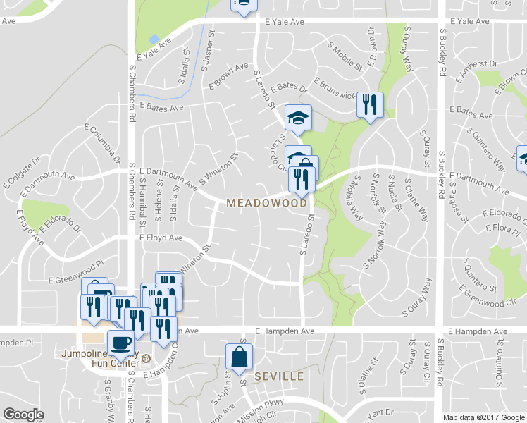 map of restaurants, bars, coffee shops, grocery stores, and more near 3112 South Kalispell Street in Aurora