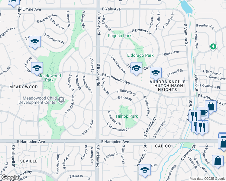 map of restaurants, bars, coffee shops, grocery stores, and more near 17103 East Eldorado Circle in Aurora