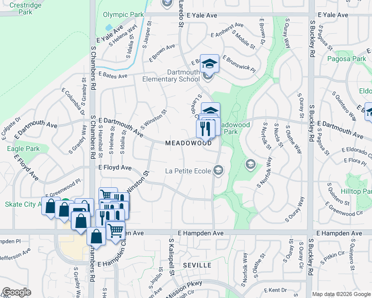 map of restaurants, bars, coffee shops, grocery stores, and more near in Aurora