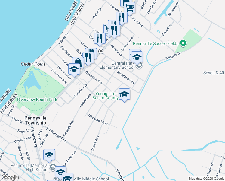 map of restaurants, bars, coffee shops, grocery stores, and more near 113 William Penn Avenue in Pennsville