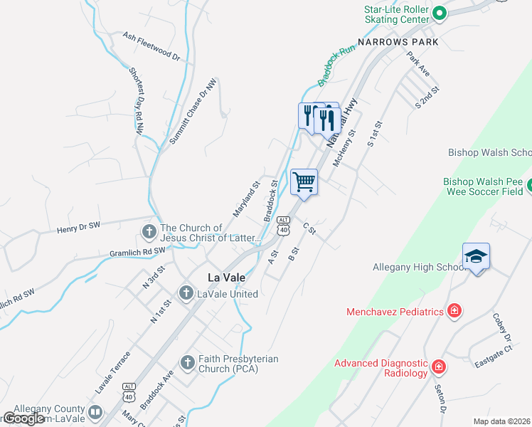 map of restaurants, bars, coffee shops, grocery stores, and more near 519 Braddock Street in La Vale