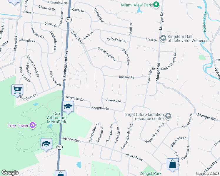 map of restaurants, bars, coffee shops, grocery stores, and more near 2619 Prelude Path in Dayton