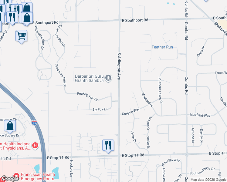 map of restaurants, bars, coffee shops, grocery stores, and more near 7511 Sly Fox Drive in Indianapolis