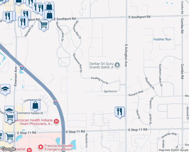 map of restaurants, bars, coffee shops, grocery stores, and more near 5726 Peaking Fox Drive in Indianapolis